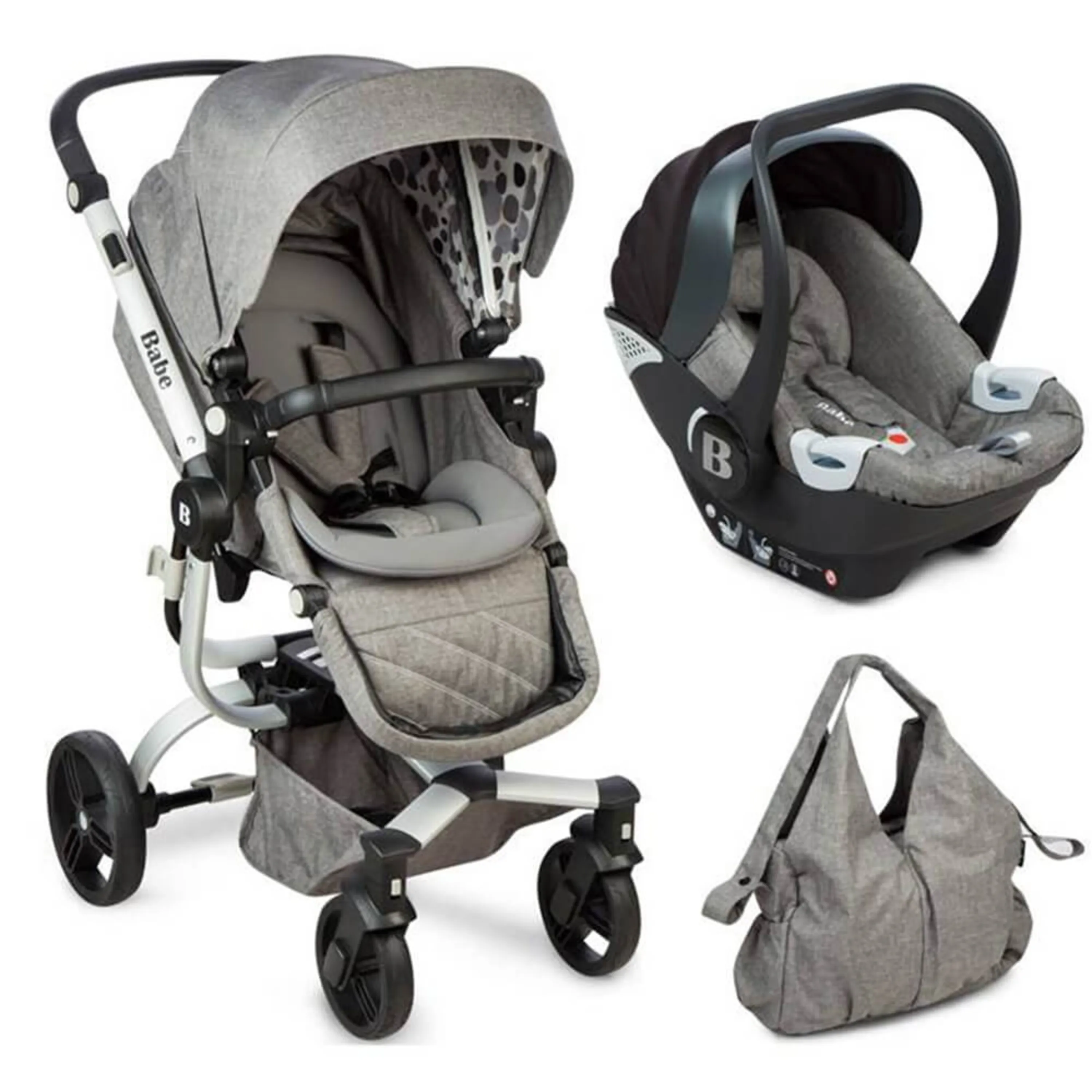 ست کالسکه سه تیکه ی طوسی بیب Babe ست کالسکه سه تیکه ی طوسی بیب Babe